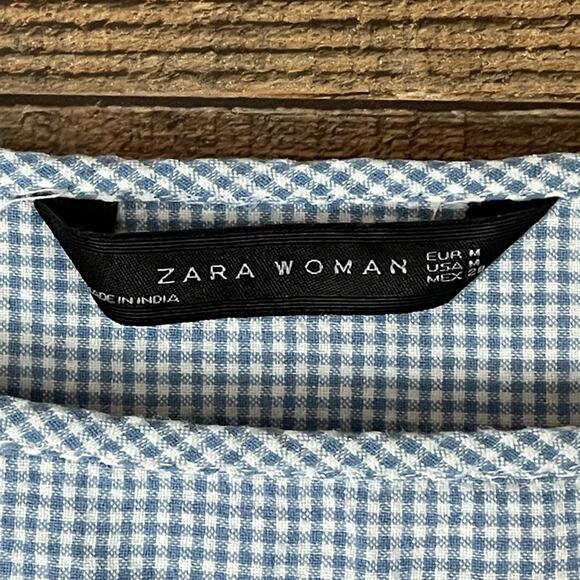 Zara Woman White Blue Gingham Check Print Floral Embroidered Tunic Top SZ Medium - Picture 5 of 11